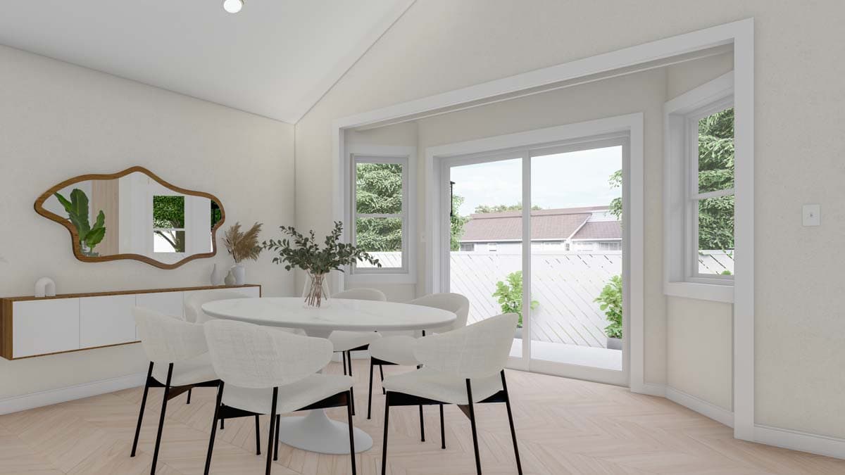 Dining room interior rendering with oval table, chairs, sideboard, and large sliding glass doors.