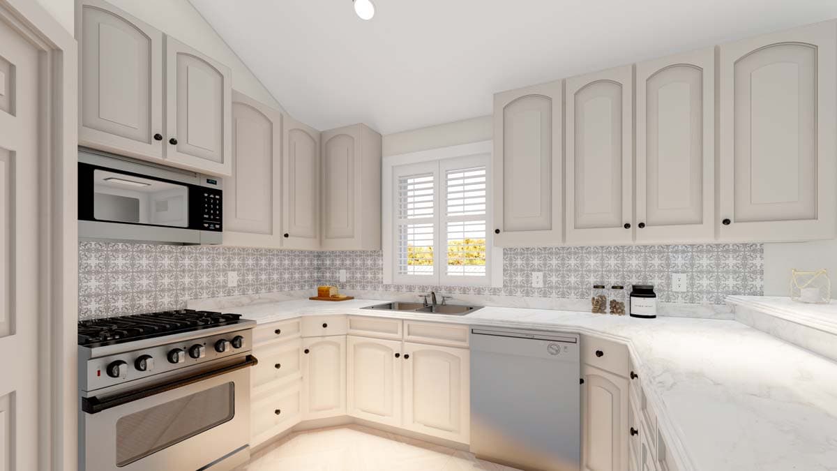 Kitchen rendering showing white cabinets, stainless steel range, microwave, dishwasher, and tiled backsplash.