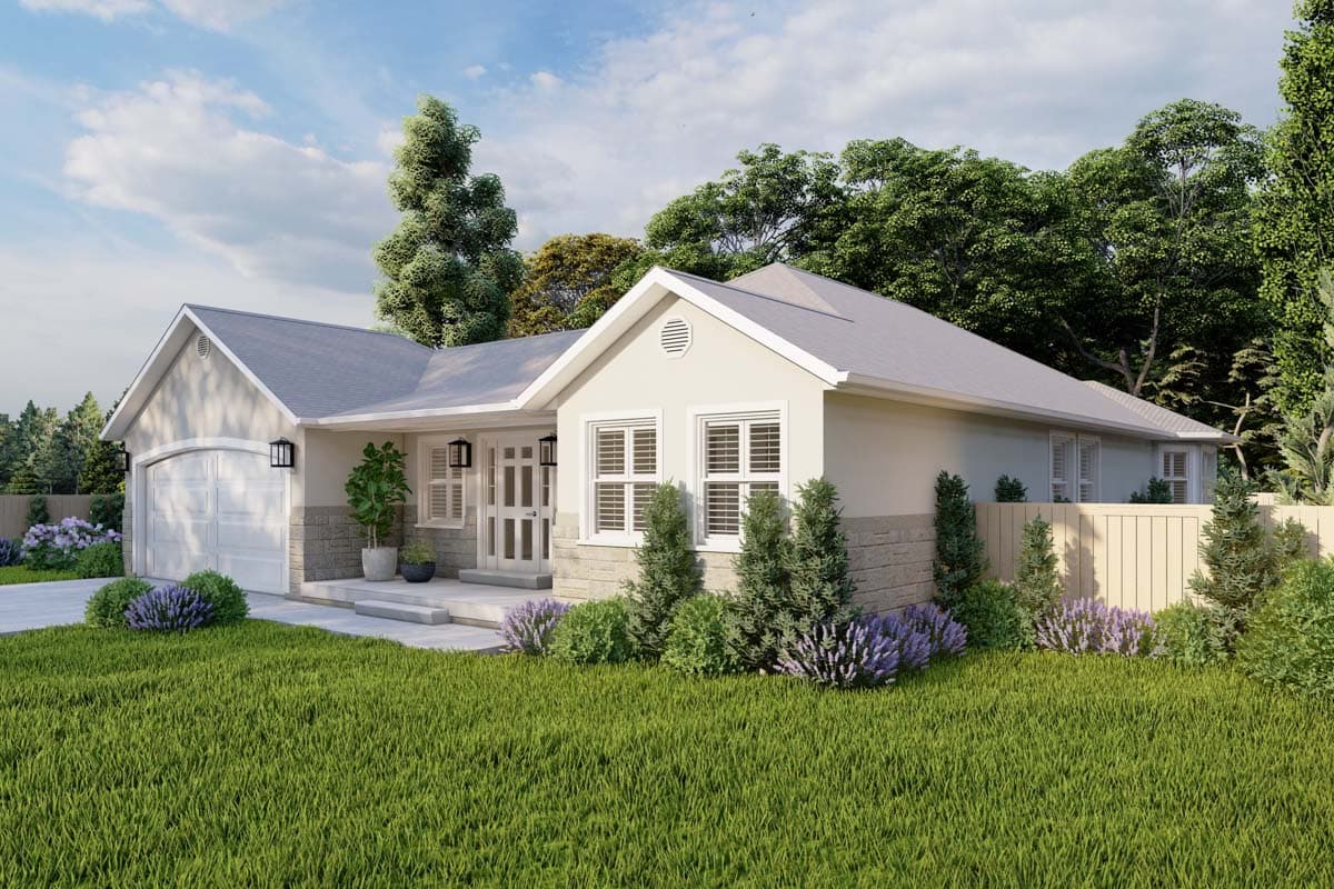 Ranch house plan exterior with a side-entry garage, stone wainscoting, and a covered front entry with double doors.