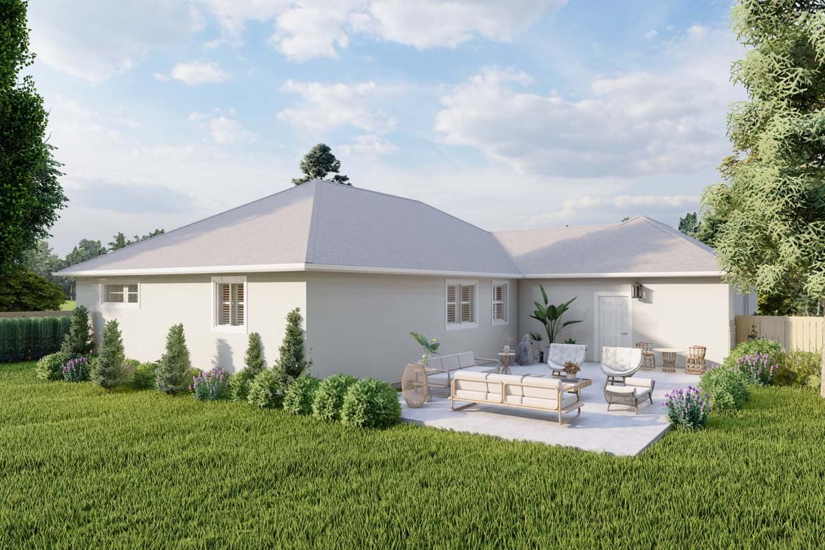 House plan exterior of a one-story home with a hip roof, multiple windows, and a patio with outdoor furniture.