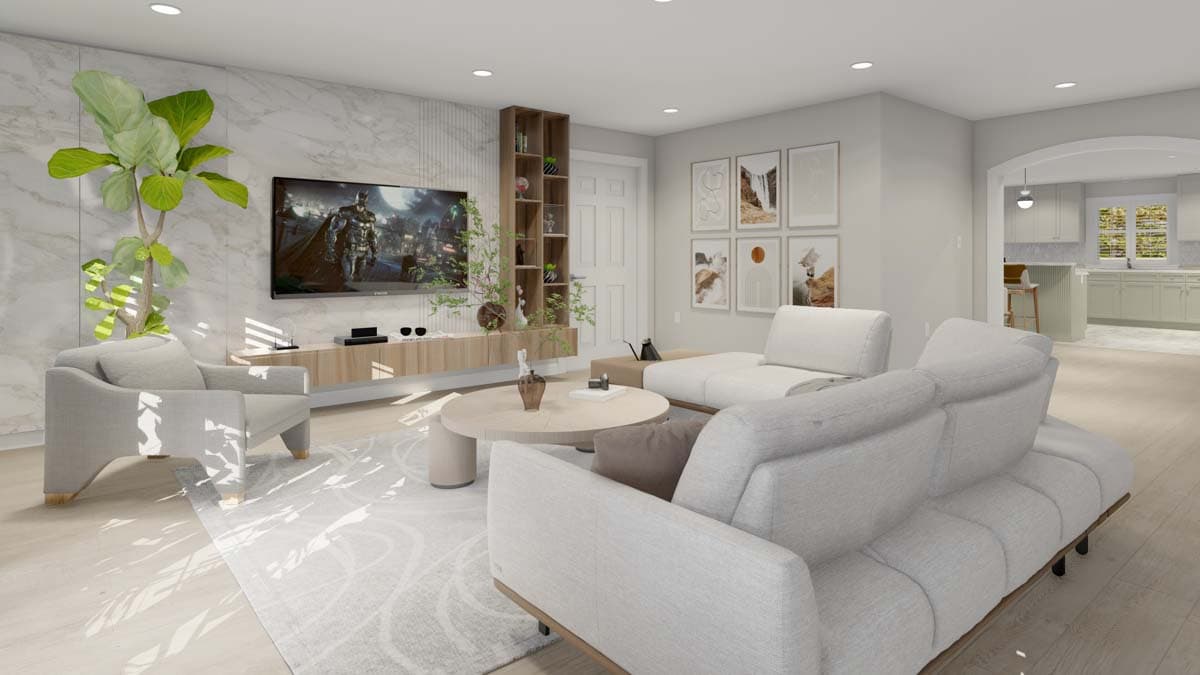 Living room interior rendering with sectional sofa, armchair, floating media console, tall shelving, and view into kitchen.