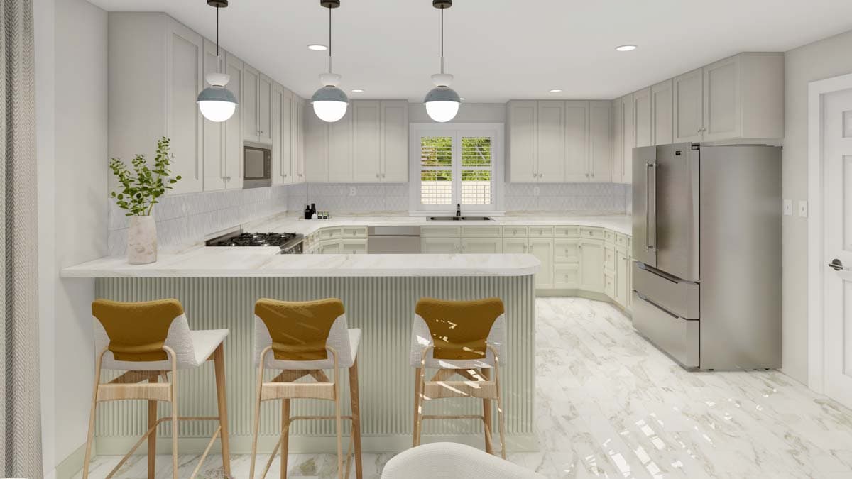 Kitchen with wrap-around countertops, island with seating, stainless steel appliances, white cabinetry, and marble-look flooring.