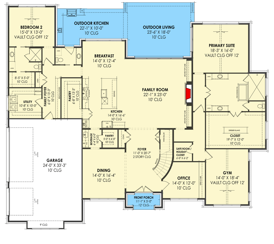 Plan 818094JSS: European Transitional House Plan with 4 Beds and 3-Car Garage - 5498 Sq Ft - Floor Plan - Main Level - European, French Country, New American, Transitional