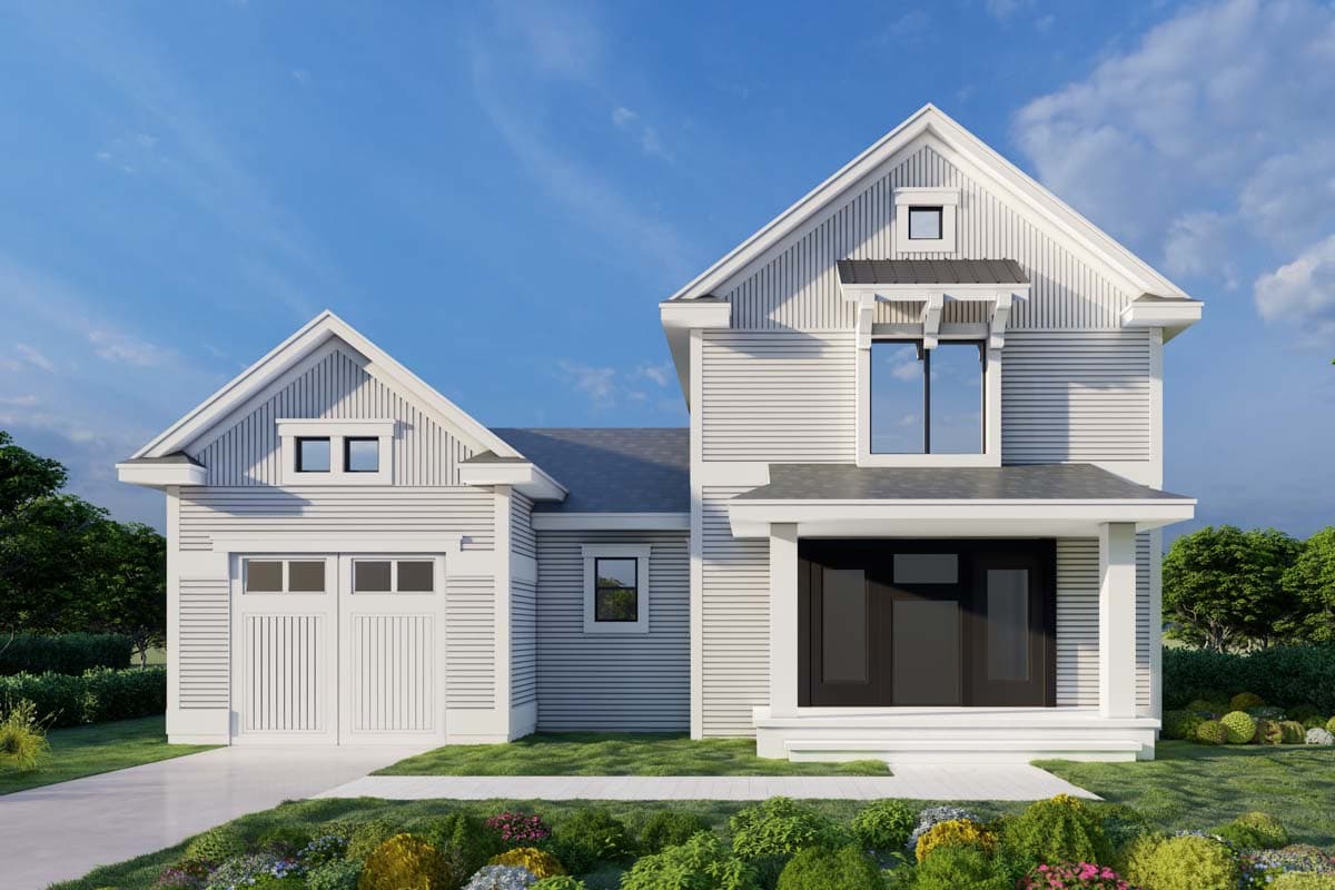 House plan exterior with two stories, board and batten siding, gabled roof, a front porch, and garage.