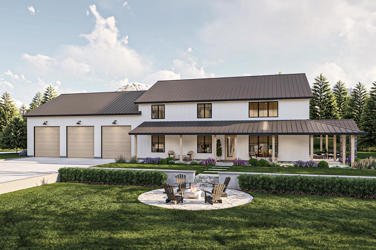 House plan exterior. Two-story Modern Farmhouse with a gabled roof, covered porch, and attached three-car garage.