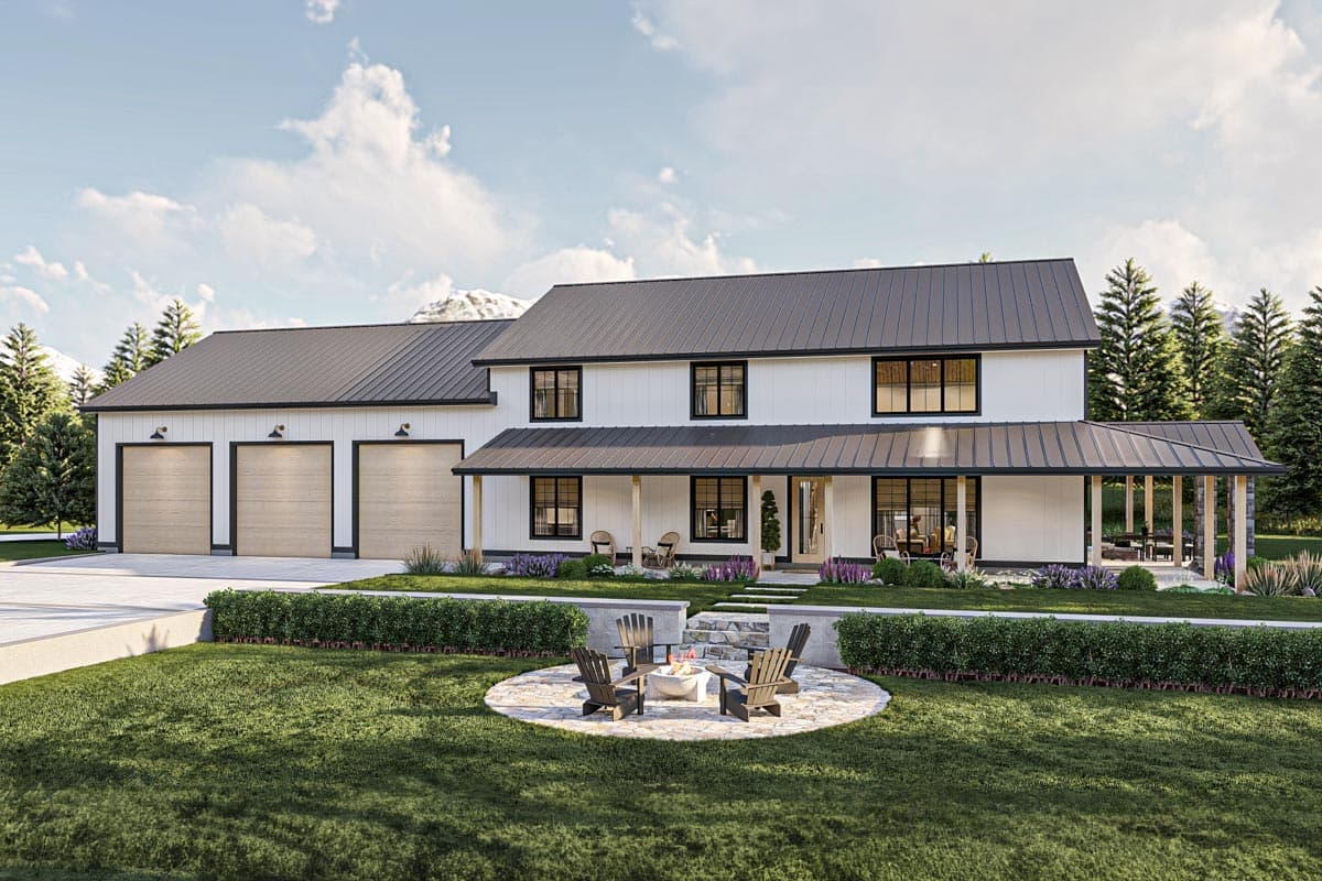 Modern Farmhouse house plan exterior with three-car garage, wraparound porch, and metal roof.