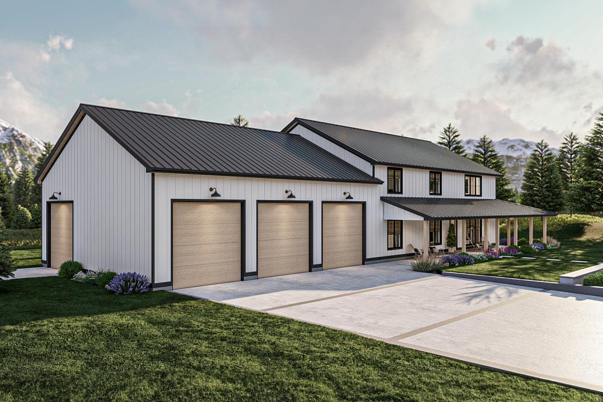 Modern Farmhouse house plan exterior with three garage bays, wrap-around porch, and metal roof.