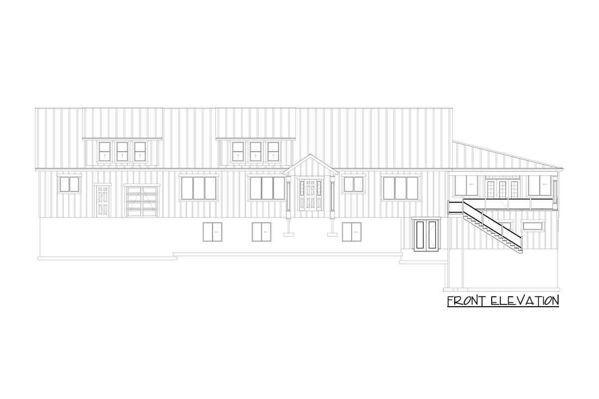 Front elevation drawing of a house plan, showing a metal roof, multiple dormers, a covered entry porch, and a large deck with stairs.