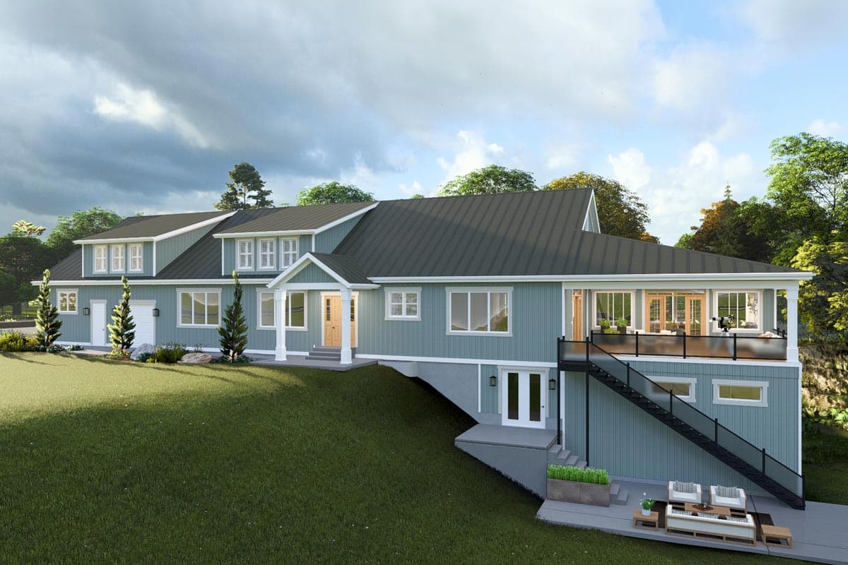 House plan exterior: Two-story home with gabled dormers, a covered front porch, and an elevated deck with glass railings.