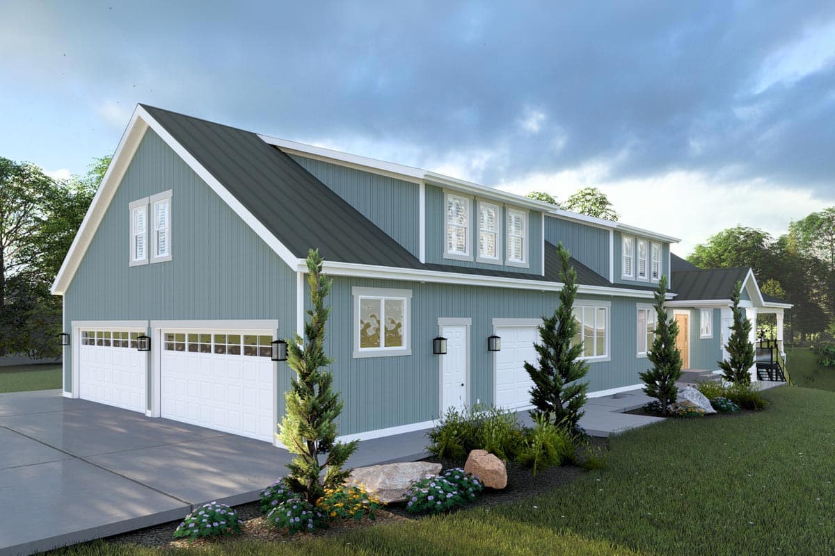 House plan exterior: Modern Farmhouse style, two stories, metal roof, dormers, and a three-car garage.