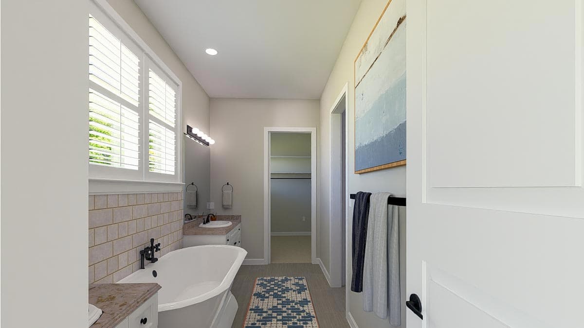 Bathroom rendering featuring a freestanding tub, dual vanity, tiled wainscoting, shuttered windows, and access to a walk-in closet.