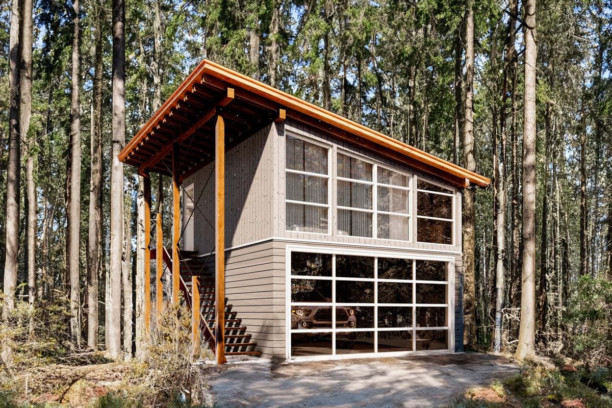 House plan exterior with two stories. Features a shed roof, open-air porch with wood posts, and a garage door with multiple glass panes.