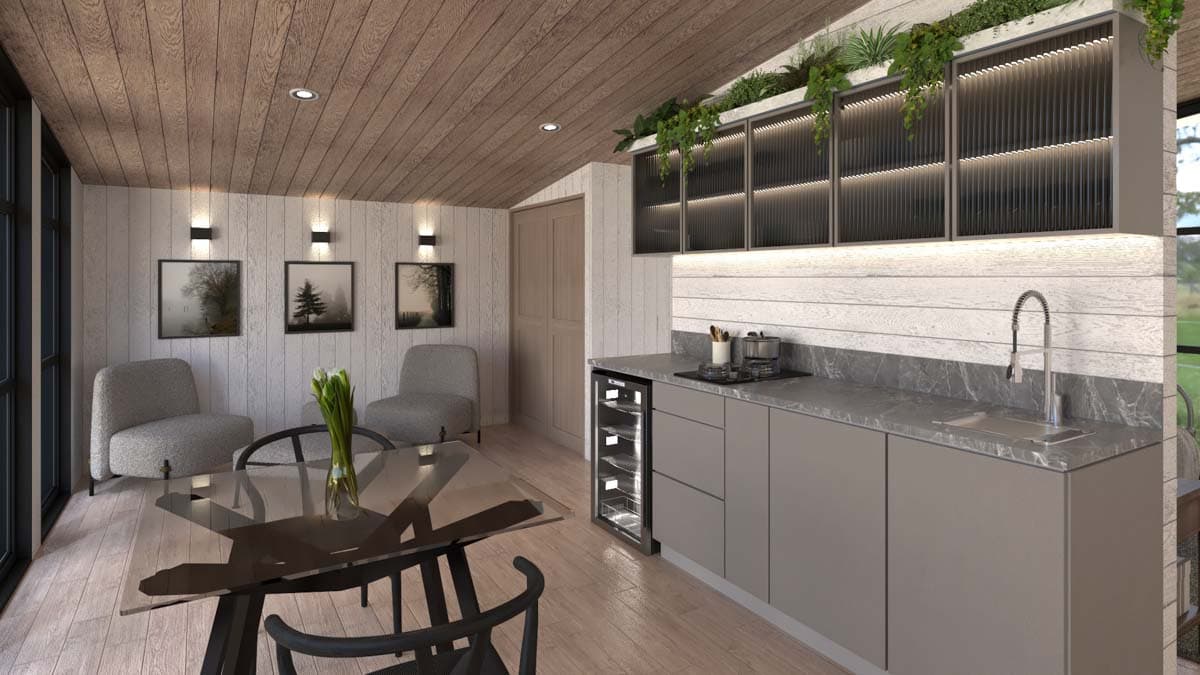 Interior rendering of a small kitchen and dining area with wood plank ceiling, gray cabinets, counter island, and two chairs by a glass table.