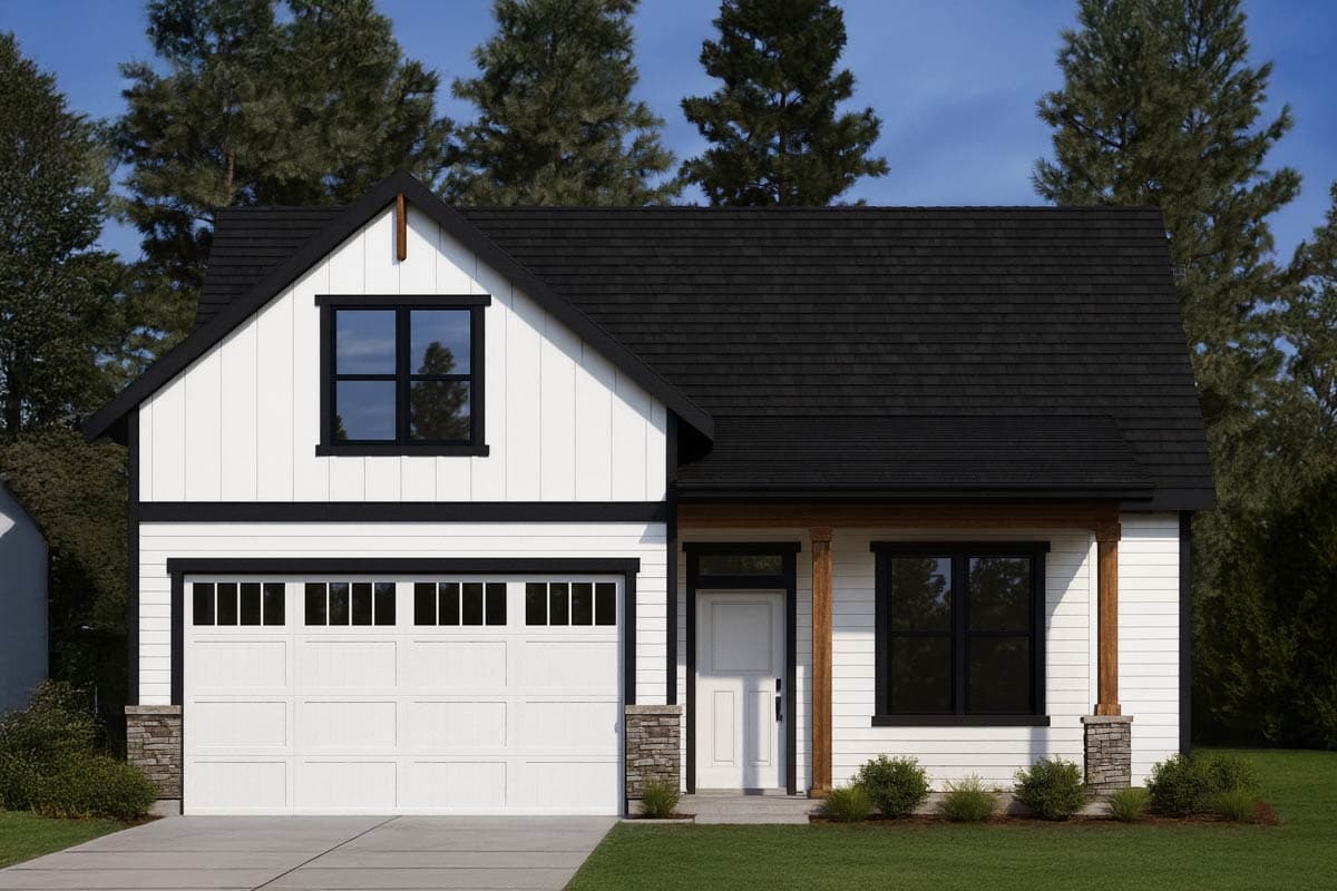 A modern, white house with black trim features a two-car garage, a front porch, and a dark roof. Stone accents decorate the front exterior.