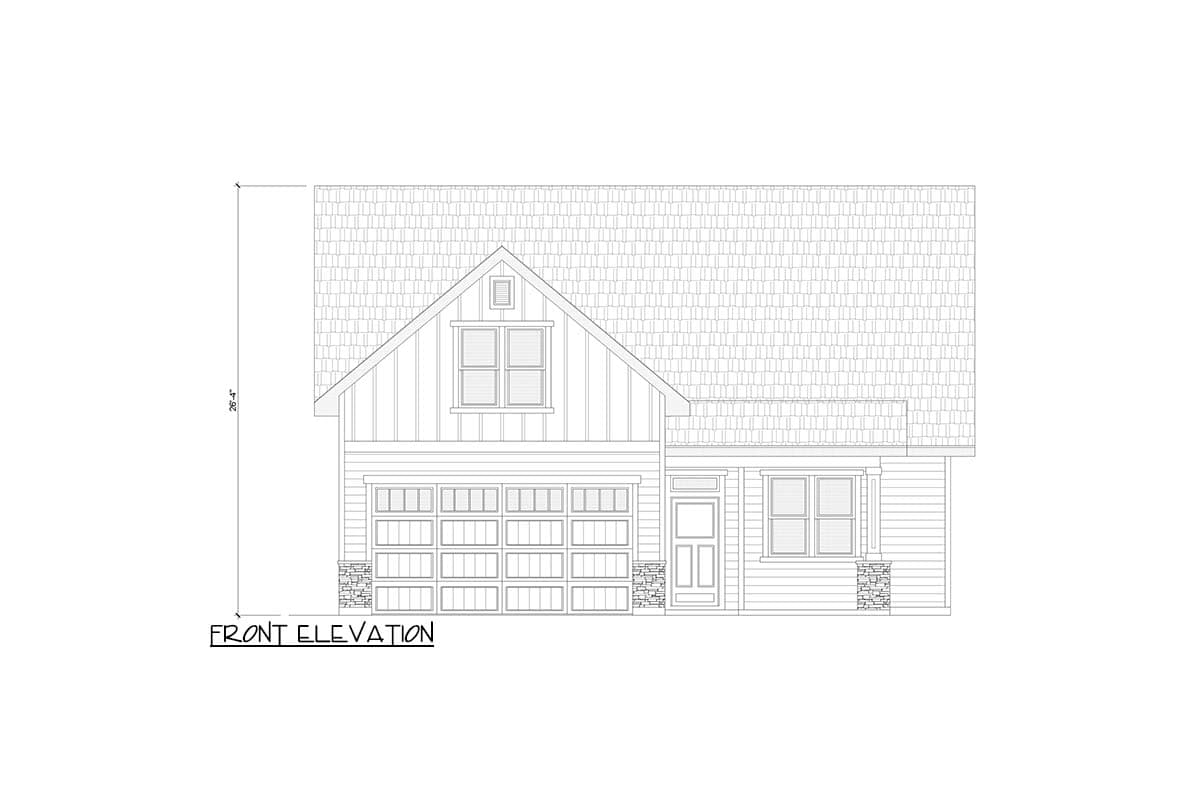 Front elevation house plan shows a house with a gable roof, double garage, and stone accents.