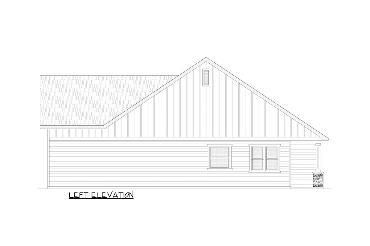 Left elevation house plan with gabled roof, horizontal siding, two windows, and a stone-clad column supporting a porch.