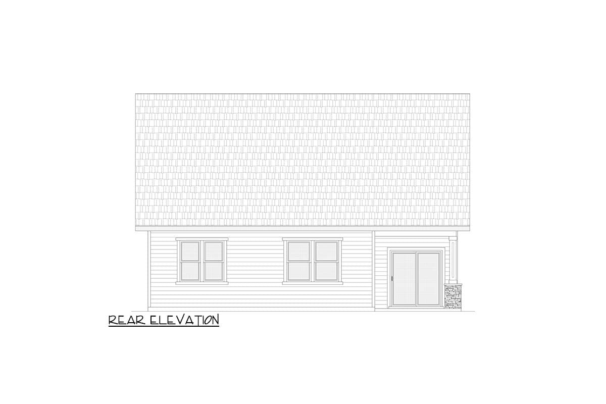Rear elevation drawing of a house plan, showing a gable roof, two double-hung windows, and sliding glass doors with stacked stone columns.