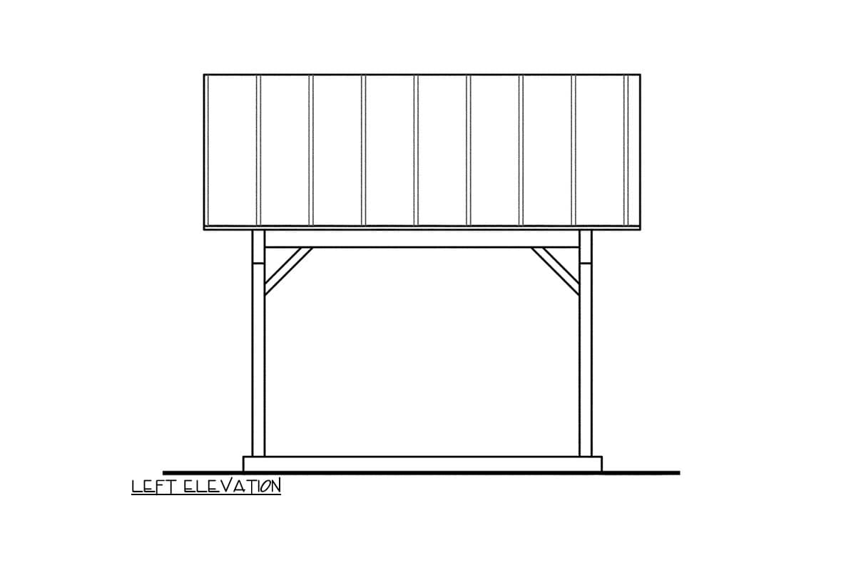 Floor plan drawing, left elevation view showing a covered structure with vertical roof panels and angled supports.