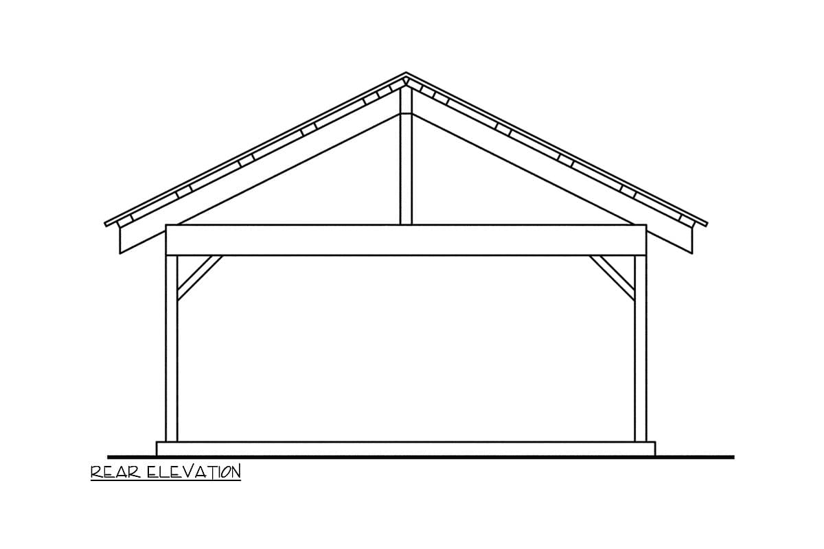Rear elevation drawing of a structure with a gabled roof, exposed rafters, and a covered open area supported by posts.