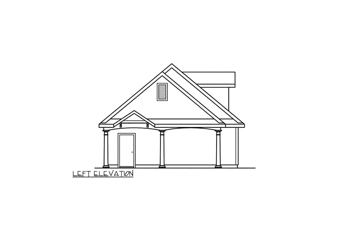 Left elevation drawing of a house with a covered porch, gabled roof, and dormer.