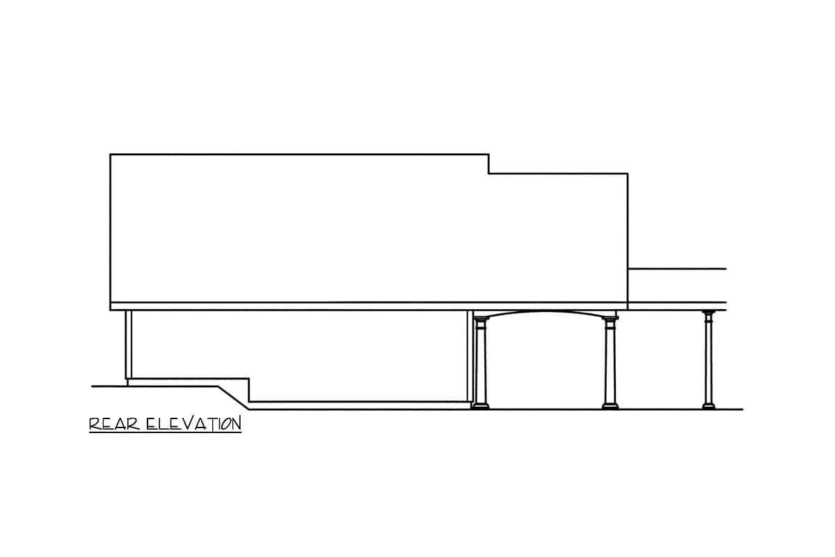 Rear elevation drawing of a house plan with covered porch area supported by columns.