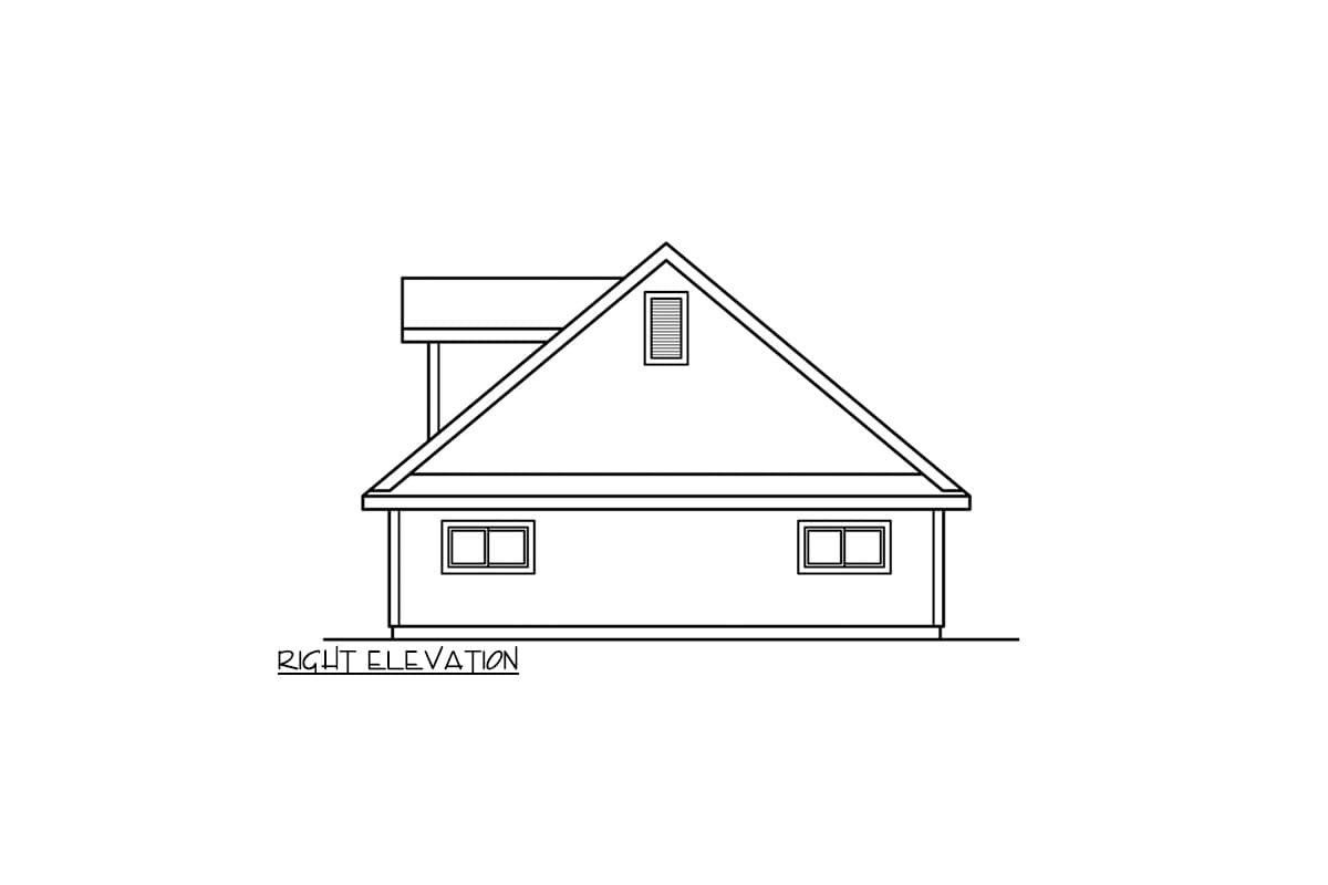 Right elevation drawing of a house plan showing a gable roof, two windows, and a vent in the gable.
