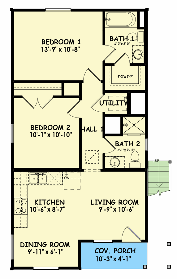 Plan 100317GHR: Modern Style Duplex House Plan with Full-Floor 2-Bed 2-Bath 800 Sq Ft Units - Floor Plan - Main Level
