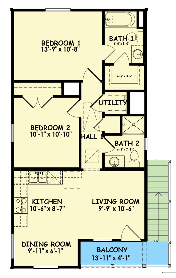 Plan 100317GHR: Modern Style Duplex House Plan with Full-Floor 2-Bed 2-Bath 800 Sq Ft Units - Floor Plan - 2nd Floor