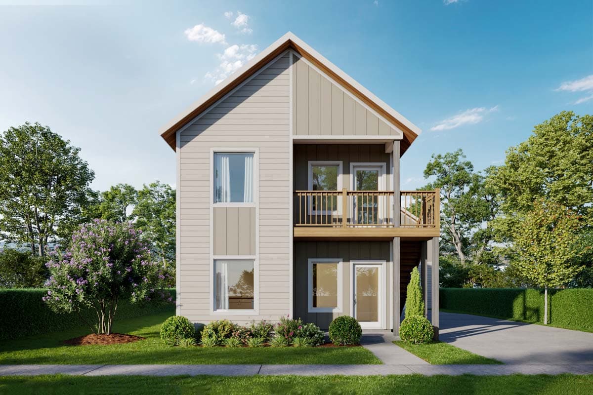 House plan exterior of a two-story Modern Farmhouse with a second-story balcony, gabled roof, and varying siding.