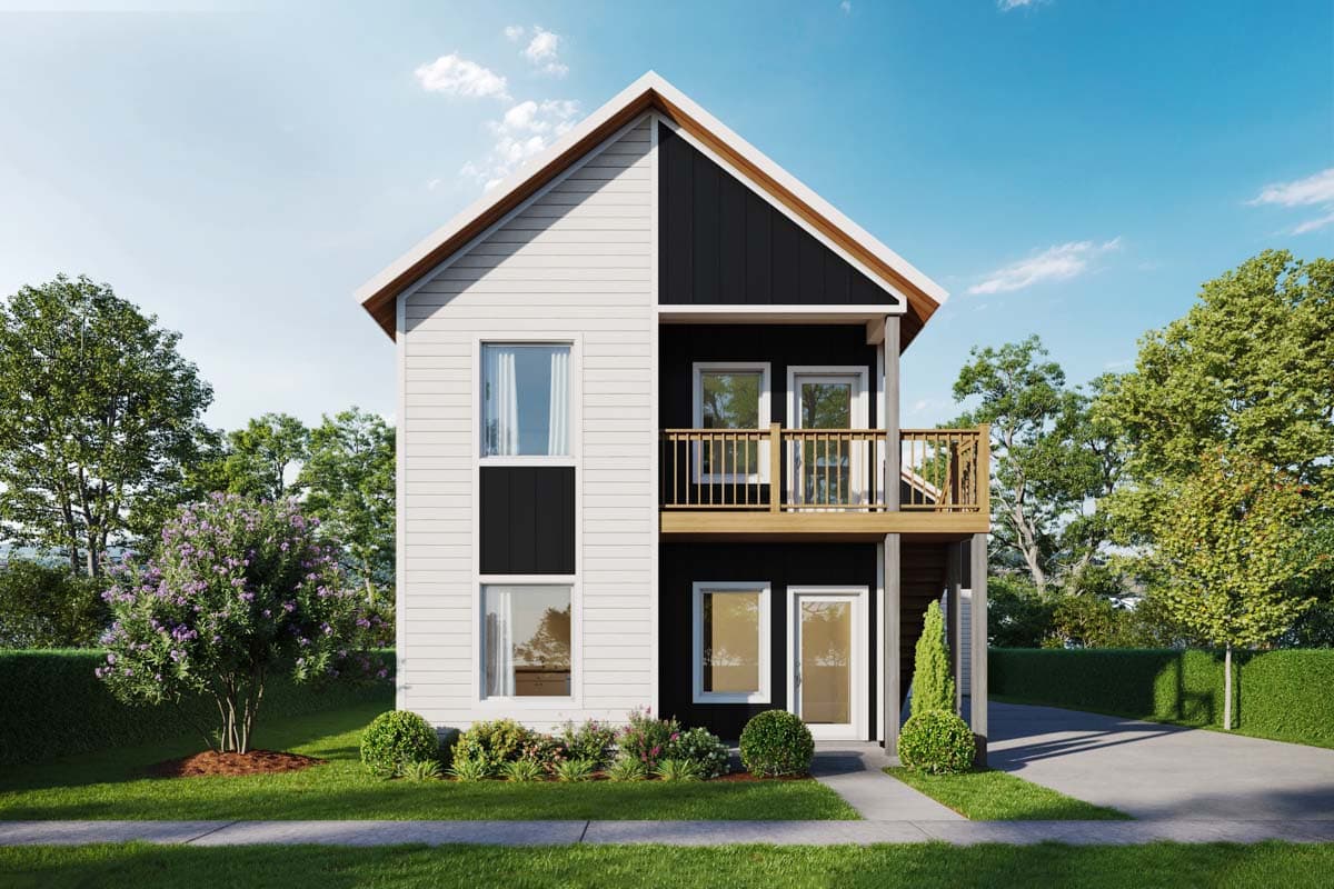 House plan exterior: two-story home with white horizontal siding, black vertical siding, upper balcony, and gabled roof.