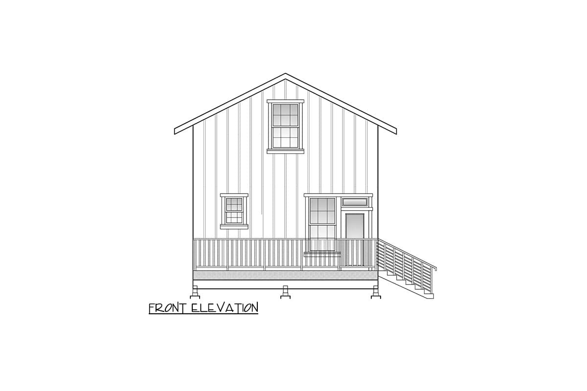 Front elevation drawing of a house plan with a gabled roof, porch, and stairs.