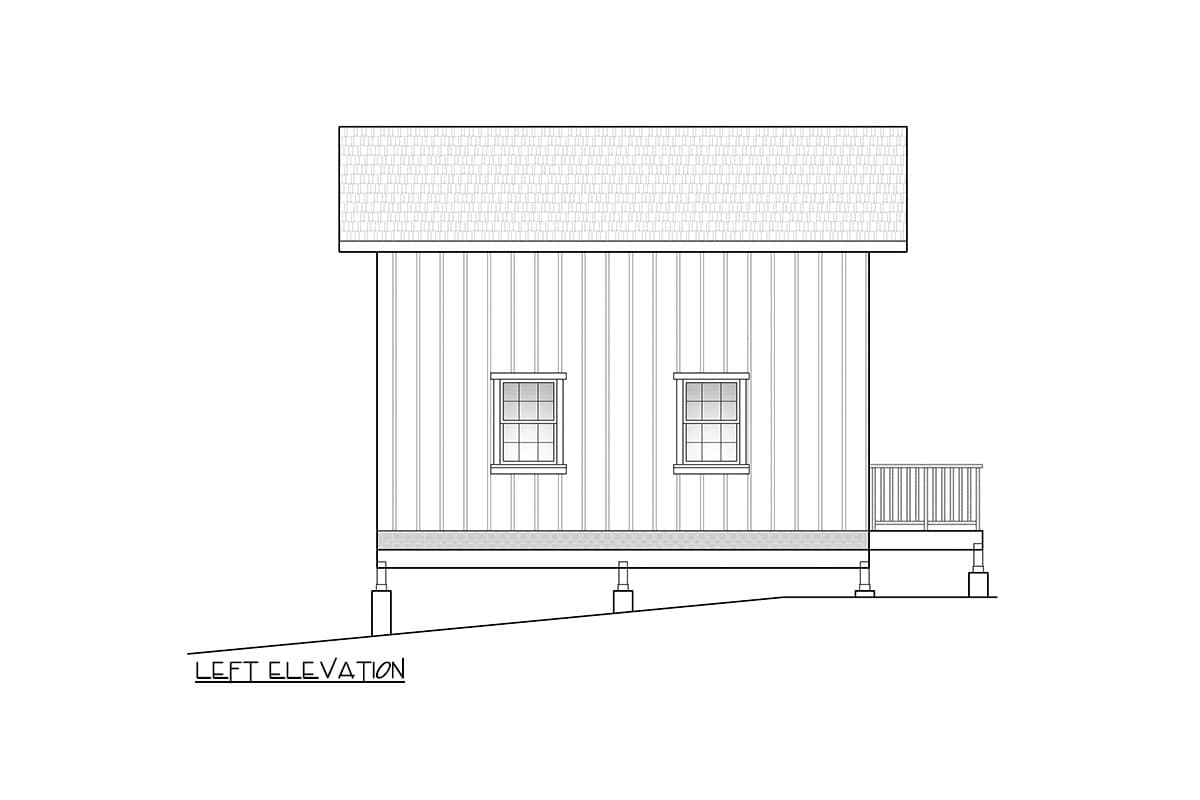 Left elevation drawing of a house plan showing vertical siding, two windows, a small porch, and a foundation on stilts.
