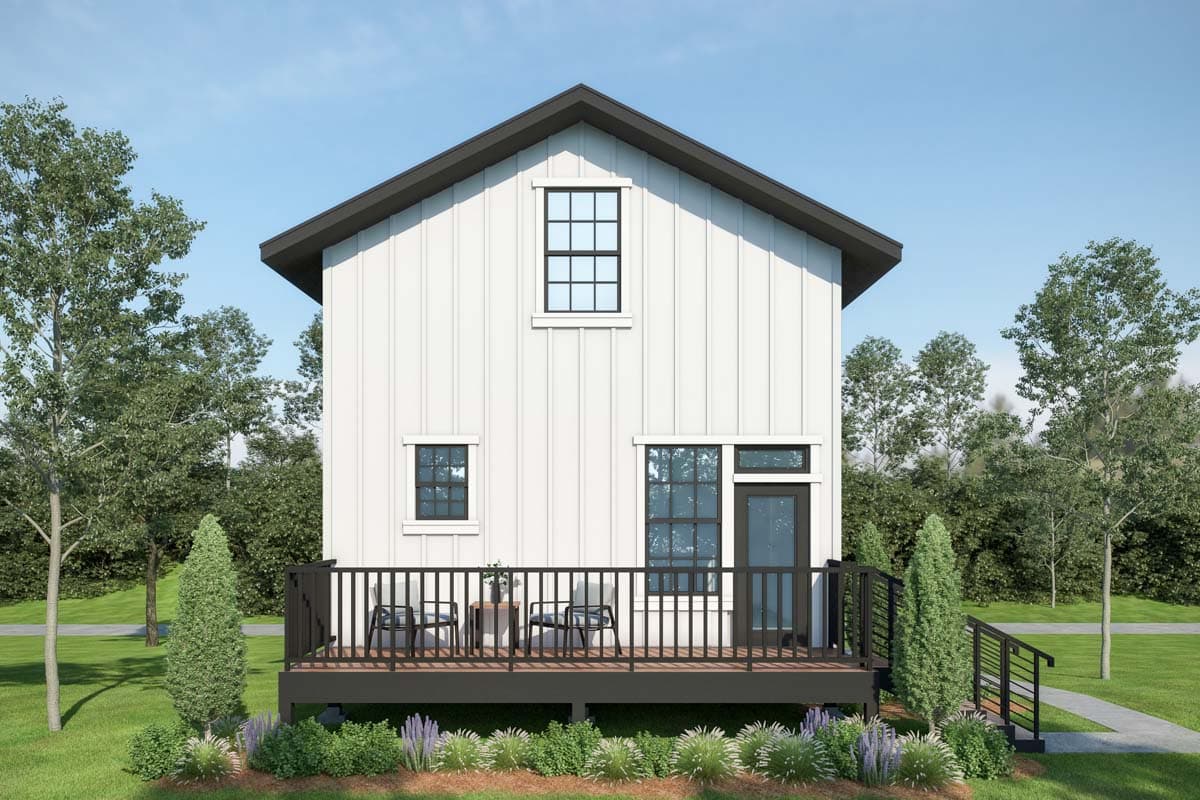 House plan exterior. Modern farmhouse style with vertical siding, a gable roof, and a deck with railing. Features include a centered window.