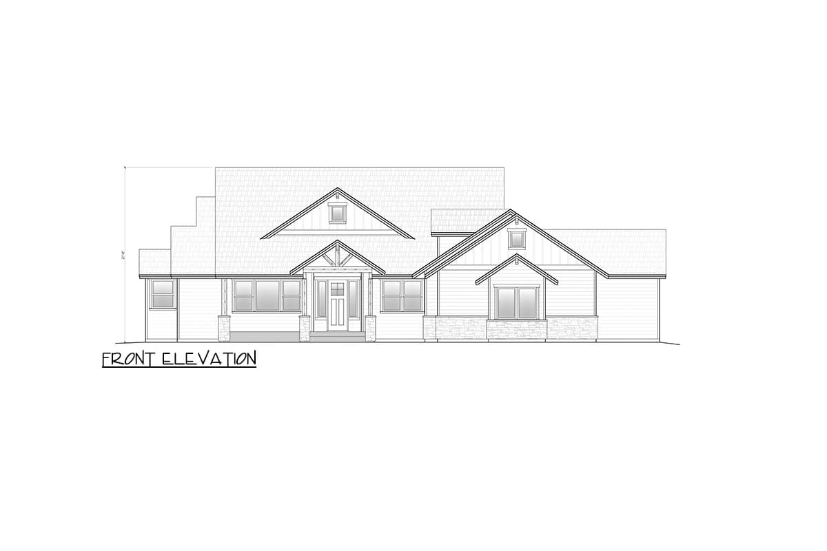 Front elevation drawing of a house with a covered entry porch, multiple gables, dormer windows, and stone foundation.