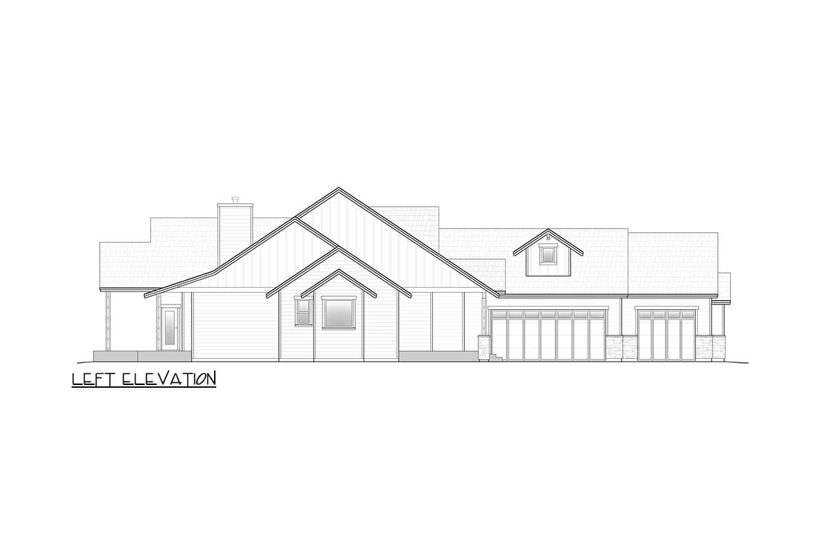 Left elevation house plan showing a multi-level roof, gables, dormer, porch, and triple-wide garage.