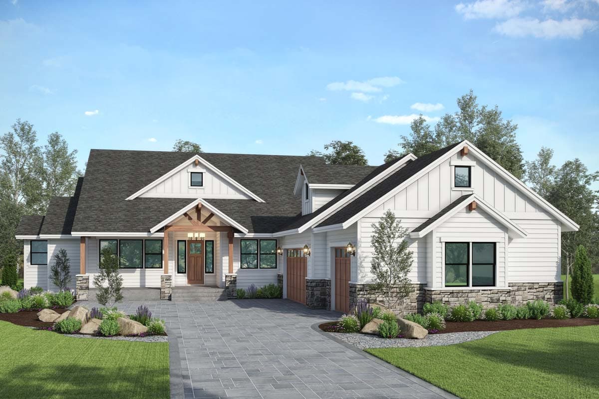 House plan exterior rendering. Modern Farmhouse style with gabled rooflines, a front porch with timber framing, and stone accents on the facade.