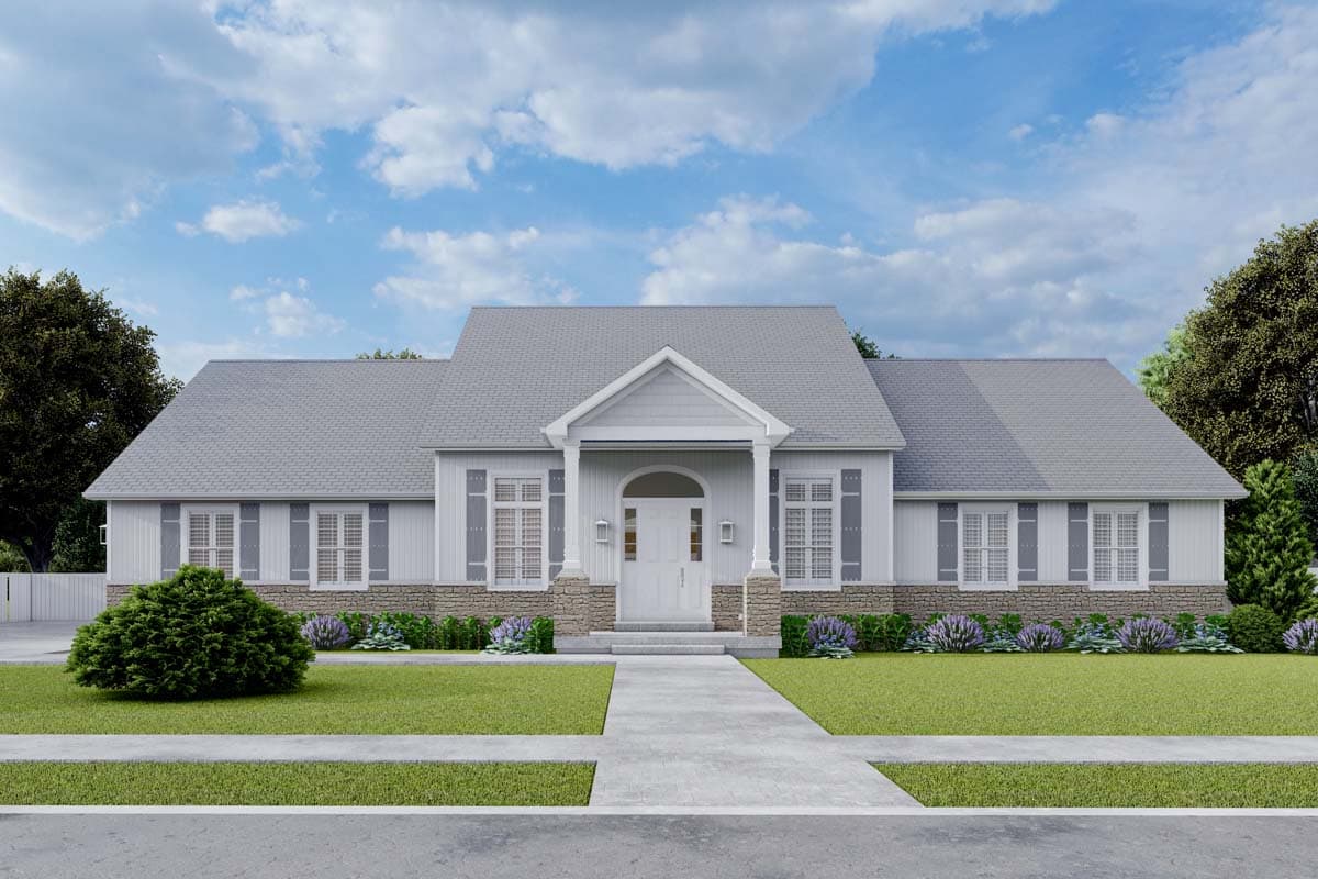 House plan exterior. Ranch style, single story home with gabled roof, columned front porch, and shuttered windows.