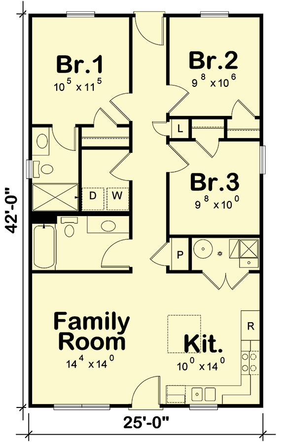 Plan 42446DB: 3-Bed Compact Cottage House Plan - 1050 Sq Ft - Floor Plan - Main Level - Cabin, Cottage, Country, Traditional