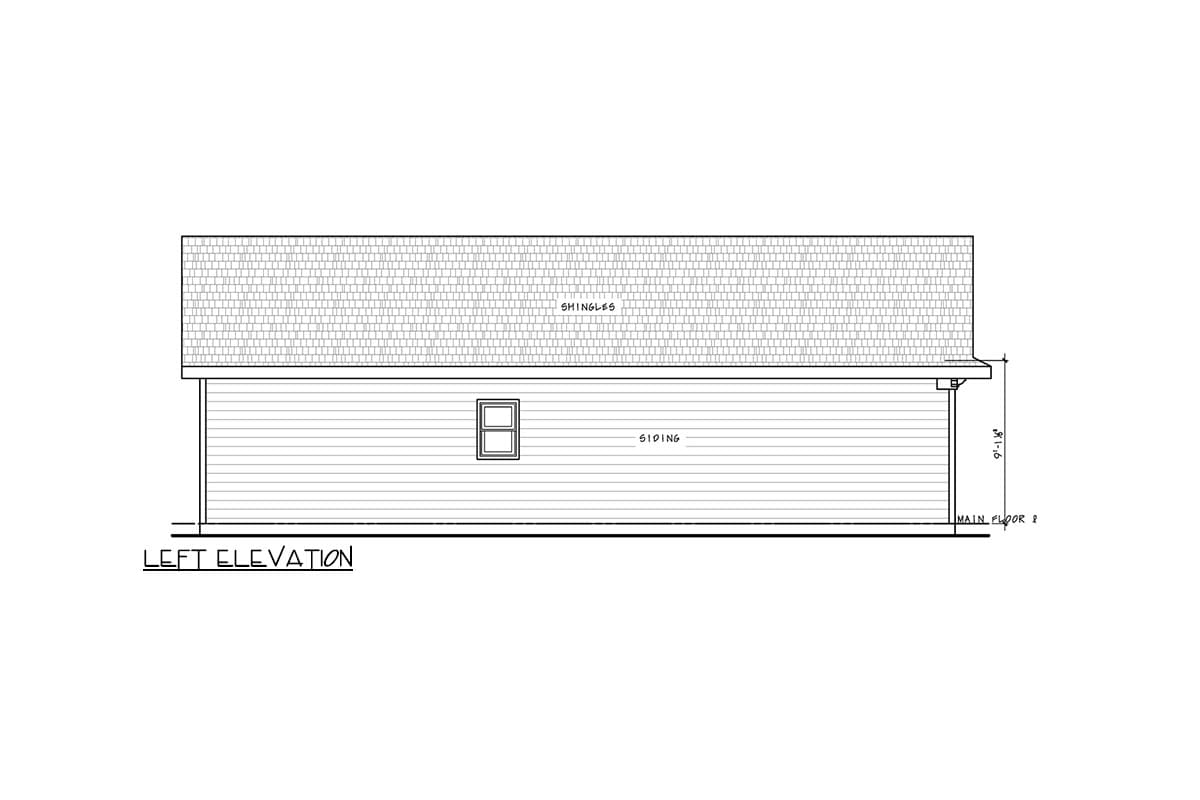 Left elevation drawing of a house plan showing horizontal siding, a single window, and a shingled roof.