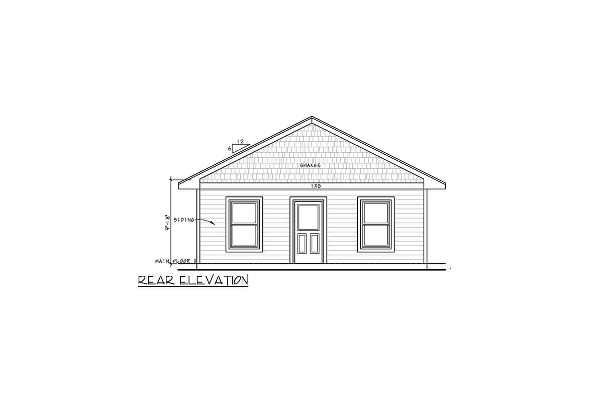 Rear elevation drawing of a single-story house with clapboard siding, shakes in gable, and a central door flanked by two windows.