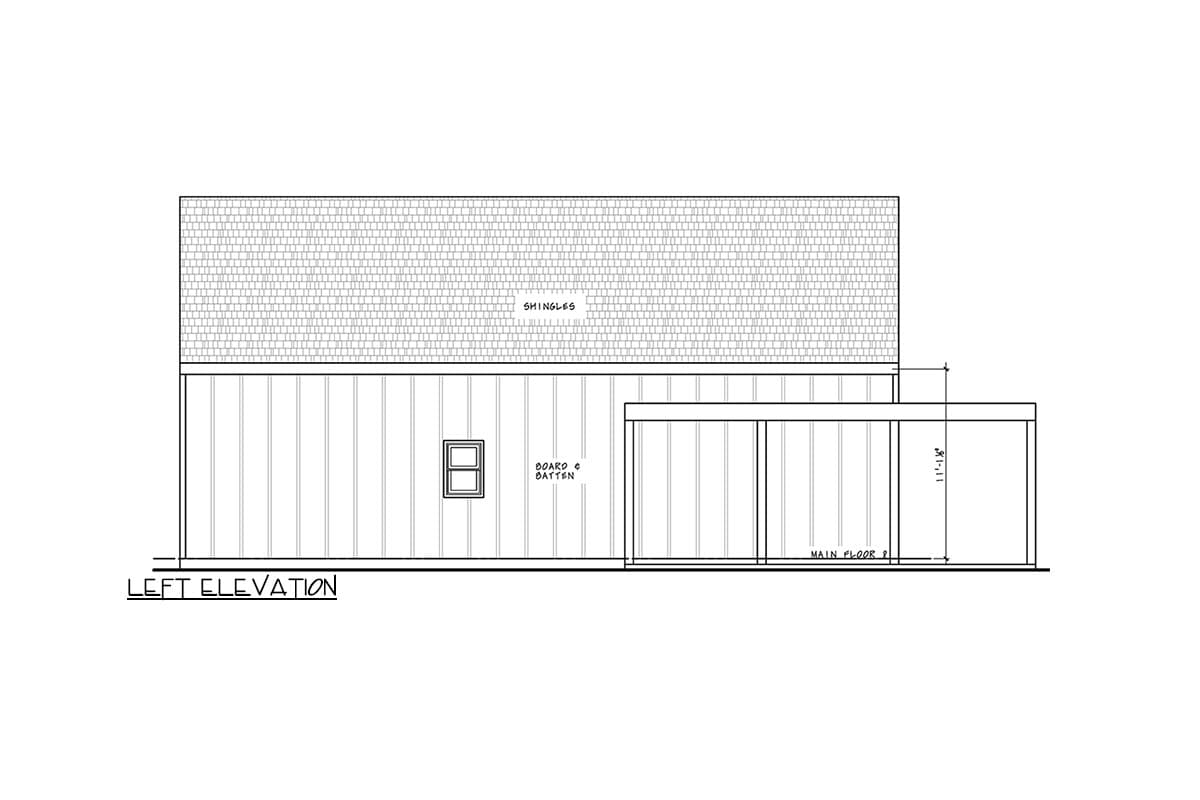 Left elevation of house plan showing board and batten siding, a single window, and a covered porch.