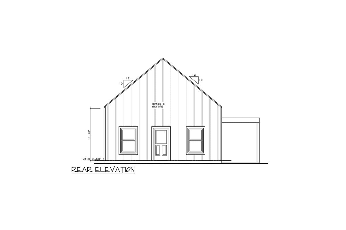 Rear elevation drawing of house plan with board and batten siding, a central door, and two windows.