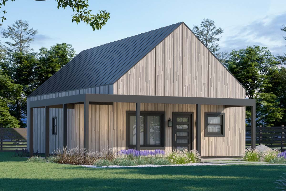 House plan exterior. Modern style, one-story home with a shed roof, covered porch, and vertical wood siding.