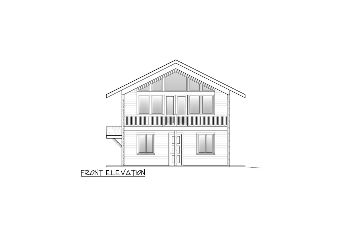 Front elevation drawing of a two-story house with a prominent gable, large upper windows, and a full-width balcony.
