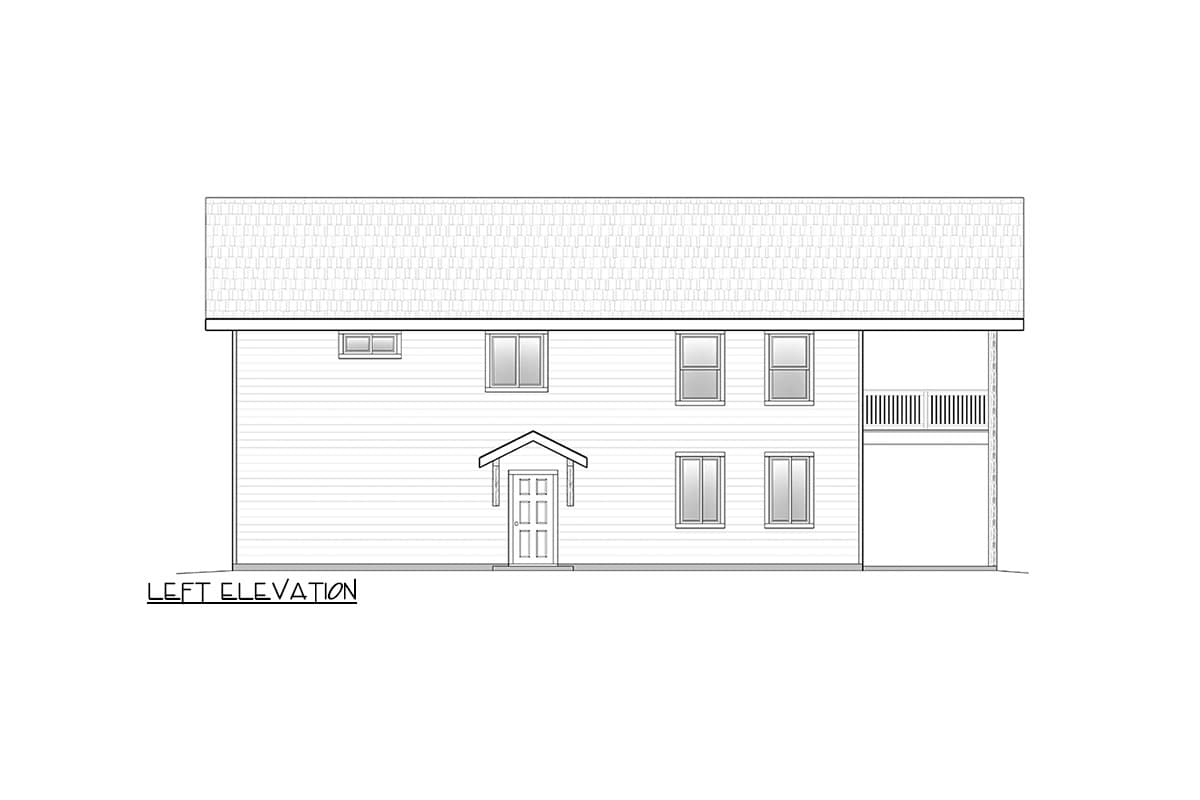 Left elevation drawing of a two-story house plan with a gable-roofed entry porch and a side deck.