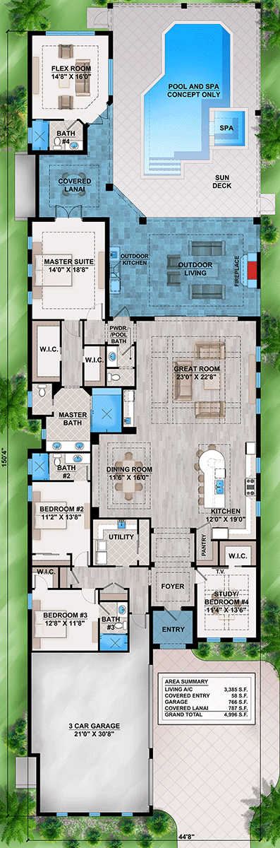 Plan 86118BW: 4 Bed Coastal Contemporary House Plan for a Narrow Lot - 3385 Sq Ft - Floor Plan - Main Level - Coastal, Coastal Contemporary, European, Florida-Style, Mediterranean, Southern, Transitional