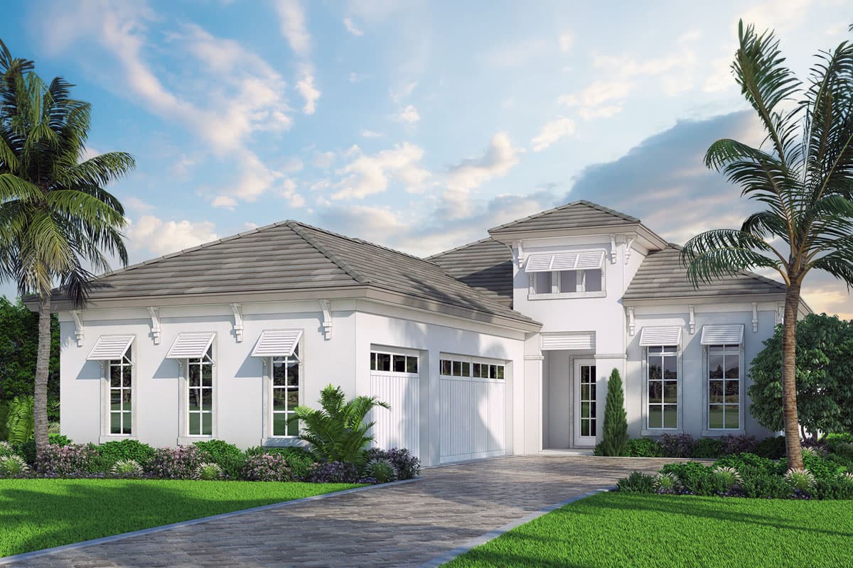 House plan exterior. One-story design with a hip roof, shuttered windows, and a side-entry garage. Features a recessed entry and a symmetrical facade.