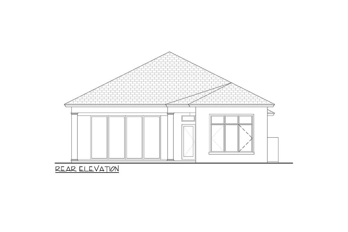 Rear elevation drawing of a single-story house with a hip roof, large sliding glass doors, and a bay window.