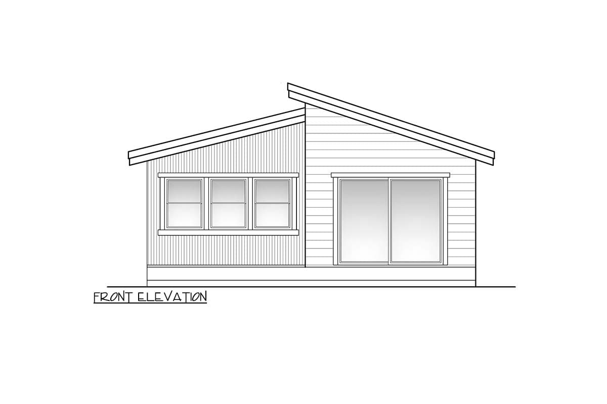 Front elevation house plan drawing shows a single-story structure with a sloped roof, three windows, and large sliding glass doors.