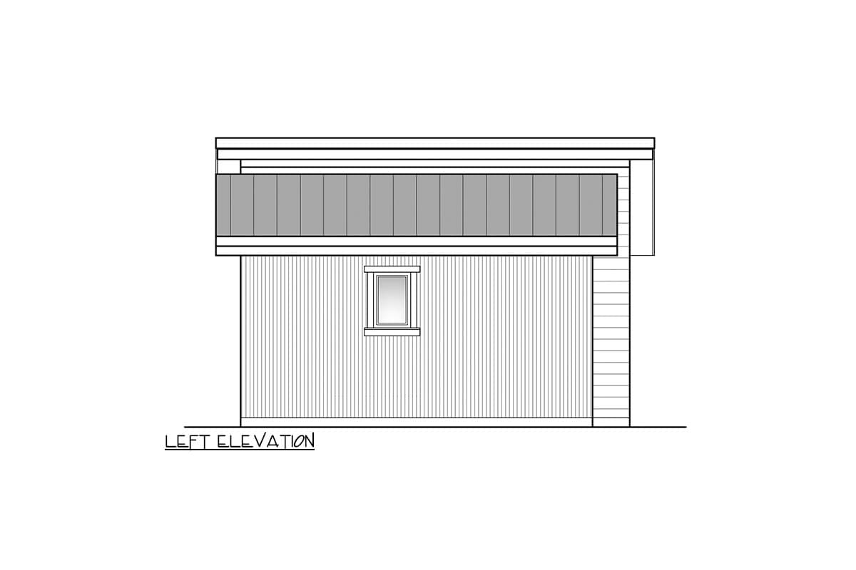 Left elevation of a house plan with a flat roof, balcony, and a single window on a vertically sided wall.